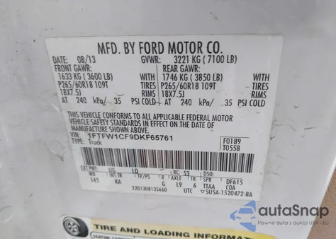 2013 Ford F-150 King Ranch из США, поврежденный, VIN 1FTFW1CF9DKF65761